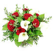 A sophisticated bouquet of red roses and white calla lilies is captured in crisp detail against a bright, seamless white background, the viewpoint just slightly above eye level so the full, rounded shape of the arrangement is clearly visible. At the centre, multiple deep red roses bloom in tight, velvety spirals, their rich colour and classic form evoking deep affection and long-lasting romance. Rising gracefully among them, the white calla lilies display their familiar trumpet-shaped spathes, each bloom curving softly around a pale yellow spadix that adds a refined, architectural touch. The combination of these two flowers creates a striking yet timeless palette, perfect for a romantic delivery in Queensbury to mark a special date night or a significant anniversary near Queensbury Park or along Cumberland Road.   

The bouquet is generously filled with layers of fresh greenery, which frame and support the roses and lilies. Slender eucalyptus stems, bearing many small, round, silvery-green leaves, introduce a light, misty texture that contrasts beautifully with the smooth petals, while larger, darker green leaves add body, making the design feel opulent and full. All of the stems are gathered into a clear glass vase, the softly ribbed base just visible beneath the dense ring of foliage at the bottom of the image. Bright, even lighting and the plain white setting give the photograph a clean, modern character, drawing attention to the lush textures and interplay of colour rather than any background detail. This bouquet would feel at home on a wedding table, a stylish Queensbury living room, or delivered as a heartfelt romantic surprise to a quiet street off Honeypot Lane, reflecting the work of a skilled local florist who understands both elegance and emotion.