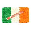 The photograph shows a striking Irish flag floral tribute created as a rectangular cushion of densely massed blooms, positioned against a pure white background that highlights its colours and structure. The tribute is divided into three equal, vertical bands that mirror the national flag of Ireland. On the left, an intense field of green flowers-most likely spray chrysanthemums and other small, textured blossoms-covers the surface in a rich, even layer, giving a tactile, mossy appearance. In the centre, a pristine strip of white flowers is arranged with equal precision, their rounded, layered petals forming a soft, cushiony band that feels calm and contemplative. On the right, a vivid orange panel of flowers completes the tricolour, its energetic hue radiating warmth and a sense of enduring spirit. From the lower portion of the tribute, a smooth coral-red satin ribbon sweeps diagonally upwards across the white and orange sections. The word GRANDAD is printed in firm, silver block capitals, unmistakable against the red, the letters suggesting a strong, steady voice of remembrance. Tiny white pins or decorative studs secure the ribbon, blending neatly into the white blooms while hinting at careful, hands-on craftsmanship. This is the kind of Irish heritage tribute that might be chosen by families in Queensbury wanting to honour a grandfather's roots at a funeral or memorial, whether held near local cemeteries or intimate chapels. The overall atmosphere is one of dignity, affection, and quiet pride, as though the flowers are telling the story of a well-loved grandad whose legacy stretches from Ireland to the heart of the local community.