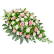 A traditional casket spray in a serene teardrop shape is displayed on a clean white background, its pastel tones and flowing form creating a calm, reflective mood. The arrangement is denser and rounder at the top left, gradually slimming to a soft point at the bottom right, so the flowers seem to follow the line of a gentle sigh or falling tear. Across the centre run abundant pink roses, their shades ranging from delicate blush to richer, warm pink, some tightly cupped, others opened into full, layered rosettes that suggest both tenderness and strength. Between them sit fluffy white carnations, their many fine petals forming small, cloud-like puffs that brighten the design and add inviting texture. A collar of greenery surrounds the blooms: broad, glossy dark green leaves provide a firm, verdant border, while softer, silvery-green eucalyptus leaves peek through, softening edges and lending a fresh, subtle fragrance in the imagination. From the pointed end, slender stems of trailing ruscus spill gracefully outward, giving the spray a sense of natural movement, as though it had been gently placed after a service at a Queensbury chapel or local cemetery. The overall impression is one of polished yet heartfelt craftsmanship, the kind of meaningful floral tribute a family in Queensbury might choose when they want the flowers to express quiet sympathy, respect, and gratitude for a life well lived, without overwhelming the moment of farewell.