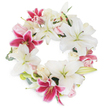 Set against a pure white background, this serene circular wreath offers a deeply felt tribute, expertly arranged to capture both solemnity and love within Queensbury's community. The foundation is composed of lush, trumpet-shaped white lilies-each one radiating timeless purity, their petals curved gracefully around open centres dotted with gentle green stamens. These are interlaced with star-bright fuchsia-pink lilies, whose vibrant colour and intricate patterning infuse the composition with energy and poignant warmth, evoking the beauty of cherished moments. Threaded throughout are delicate blush and creamy white roses, some modestly budded, others gently blooming, imparting a soft, romantic edge to the bolder lilies. A touch of fresh green foliage-perhaps eucalyptus or simple lily leaves-emerges subtly, grounding the design in nature and recalling the peaceful green corners of Queensbury. Every element is thoughtfully balanced to evoke feelings of comfort, honour, and continuity, creating a sense of completeness appropriate for a sympathy tribute or funeral arrangement. Ideal for commemorating a life or delivering condolences to families in Queensbury, this wreath is a dignified expression of shared grief and enduring respect, crafted with both artistry and heartfelt local care.