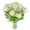 A graceful, intimate bouquet of about a dozen creamy white roses nestles within a simple clear glass vase, the trimmed green stems visible beneath the water line. Each rose displays soft, velvety petals unfurling at different stages-some open in full luminous bloom, others just beginning to open-so the cluster feels alive with gentle movement. Interwoven among the larger heads are countless tiny white blossoms of baby's breath (Gypsophila), forming a delicate, cloud-like halo that lightens the composition and gives the arrangement an almost misty, lace-like texture. The foliage ranges from deep emerald to a fresher lime, glossy and cupped, cradling the blooms and adding contrast and depth against the pristine white background that isolates the bouquet and allows every petal edge and stem to read clearly. Soft, diffused daylight seems to fall across the arrangement, catching the subtle cream tones of the roses and making them appear warm rather than stark, while the faint, fresh scent suggests early spring mornings in a conservatory. From a florist's point of view, the stems are neatly arranged to balance volume and breathing space-this is a bouquet that reads as both formal and tender, suitable for weddings, anniversaries, or moments of quiet remembrance. In Queensbury it's the sort of classic, comforting choice people request for sympathy or celebration alike, chosen to convey purity, calm, and thoughtful presence. The overall effect is one of restrained elegance: clean, composed, and quietly expressive, inviting a peaceful pause and the feeling of being gently held by the flowers' soft light and texture.