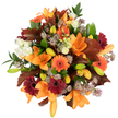 A close, overhead portrait of a lush, hand-tied autumn bouquet that feels like a late-October stroll through a leafy Queensbury lane. The composition is densely packed and brightly lit against a pure white studio background so every warm tone and texture reads clearly: several large orange Asiatic lilies take centre stage, their trumpet-shaped petals fully unfurled and curling slightly at the tips, surrounded by a cluster of tightly furled green-and-pale-orange lily buds that promise fresh blooms to come. Cheery Gerbera daisies punctuate the design in pumpkin-orange and a deep burgundy-red, each with its dark, sun-like centre; their ray-like petals contrast beautifully with soft, creamy-white lisianthus or mini-rose blooms whose ruffled layers soften the arrangement. Sprigs of muted purple-lavender Astrantia offer delicate, star-shaped clusters that add an airy, intricate texture between the bolder shapes. Broad, lobed leaves in rich reddish-brown-reminiscent of fallen oak-are artfully tucked through the bouquet, lending an unmistakable autumnal silhouette, while glossy green foliage and slender stems provide fresh structural contrast and a sense of vitality. The petals and leaves appear dewy-fresh, the lilies' subtle honeyed scent implied, and the overall mood is warm, celebratory, and harvest-rich. This arrangement reads as ideal for a Thanksgiving centrepiece, a seasonal gift to brighten a birthday table, or to bring the comfort of turning leaves into a Queensbury home; it's the kind of bouquet a local florist would recommend for gatherings, community halls, or cosy dining rooms near Queensbury, Kingsbury, and nearby Wembley.