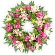 A lush, opulent sympathy wreath in a full circle is shown against a spotless white background, every element carefully placed to create a sense of harmony and calm. The wreath is composed of an abundance of roses and lilies that completely cover the circular base, leaving nothing but petals and leaves in view. The roses, in shades of hot pink, deep magenta, and romantic pastel pink, appear at different stages of bloom, with some forming tight, conical buds and others opening wide to reveal intricate, layered centres. Between the roses are large double lilies, their petals wide and softly curved, coloured in creamy white, blush pink, and a gentle peach that blushes more deeply towards the edges. A few still-closed lily buds, bright yellow-green and tapering to a point, rise slightly above the other flowers, adding height and a feeling of unfolding time. The flowers are cradled by dense greenery: feathery, dark green fern fronds soften the outer contour of the wreath, while shiny, broad leaves and touches of lighter, possibly variegated foliage fill in any small spaces, giving the ring a plush, almost cushion-like appearance. The contrast between the vivid greens and warm pinks is striking against the white backdrop, accentuating the wreath's symbolic unbroken circle. The mood is one of deep respect and gentle consolation, suitable for funerals, wakes, or memorial gatherings. It is easy to picture this wreath delivered to a quiet service room near Queensbury's residential streets, a comforting floral presence for families saying their farewells and honouring cherished memories.