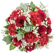 A rounded bouquet of vivid red flowers fills this image, captured from above so every bloom is clearly visible against a clean white background. Deep red roses anchor the design, their velvety petals spiralling tightly towards dark, intricate centres that suggest depth and quiet intensity. Intertwined among them are red carnations, exuberant with frilled, layered petals that create a sense of volume and movement, as though the bouquet has just been gently fluffed by a florist preparing it for delivery across Queensbury. Some carnations are open and generous, others only beginning to unfurl, giving a feeling of life and progression, not rigid perfection. Dancing between all this richness are fine sprays of white baby's breath, each tiny blossom adding a pinprick of light that softens the dominance of the red and brings a gentle, romantic haze, like distant lights along Queensbury's residential streets after dusk. 

Around the edge and peeking through the heart of the arrangement, eucalyptus leaves in muted, silvery green make subtle arcs, their smooth, rounded shapes adding poise and balance. Deeper green foliage, likely the natural leaves of the roses and complementary greenery, provides a quiet, verdant backdrop, helping each bloom stand out while giving the bouquet a grounded, garden-fresh feel. The flowers are densely clustered, forming an abundant, almost spherical shape that feels both luxurious and intimate, perfect for sitting at the centre of a dining table or being handed over at a doorway near Queensbury station. The bright, even lighting enhances the reds, whites, and greens, ensuring every texture is visible-from the plush rose petals to the feathery baby's breath. Emotionally, the bouquet conveys love, admiration, and celebration, ideal for anniversaries, romantic surprises, and heartfelt thanks within the local community.