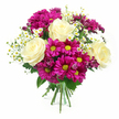 A bright, joyful bouquet is presented against a pure white background, its rounded shape and vivid colours giving the impression of a little burst of summer held in the hand. The focal blooms are several full, creamy white roses, their petals touched with a pale buttery-yellow tone and spiralling inward with that classic, romantic form that feels both timeless and luxurious. Nestled closely around them are generous clusters of fuchsia and magenta chrysanthemums, each with a striking yellow-green centre that catches the light and injects a lively, celebratory feel. Threaded through the stronger colours are light sprays of small white daisies, much like chamomile, their petite white petals circling tiny golden centres to create an airy, countryside charm that would not feel out of place in a garden near Queensbury's local parks. A few unopened or partially opened chrysanthemum buds in a deeper purple-pink shade peek between the larger blooms, giving a sense of depth and natural movement, as though the bouquet is still unfolding. Fresh green foliage frames the flowers, the leaves adding cool tones and texture that balance the warm pinks and creams. All the stems are neatly brought together at the base and secured with a green and white checked ribbon, a simple but thoughtful finishing detail that suggests the care of a skilled florist preparing a gift for delivery along nearby roads and avenues. Bathed in bright, even light, each petal and leaf appears crisp and fresh, and the arrangement quietly conveys happiness, gratitude, and the gentle excitement of a special occasion.