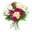 Elegant mixed bouquet of ivory roses and white and magenta chrysanthemums set against a spotless white background, capturing the kind of quiet, joyful beauty that suits every corner of Queensbury. At the centre, creamy white roses bloom in full, their petals velvety and layered in graceful spirals that speak of timeless romance and gentle thoughtfulness. Encircling them are white spray chrysanthemums, each blossom daisy-like with slim petals fanning out from a soft green core, giving the whole piece a bright and uplifting clarity. Between these lighter flowers, clusters of deep magenta and fuchsia spray chrysanthemums add powerful splashes of colour, their tightly packed petals forming plush, rounded heads that lend the bouquet a modern, celebratory feel. Lush dark green foliage, likely Ruscus or Salal, wraps the blooms in a polished collar, the leaves smooth, firm, and slightly glossy, grounding the bright tones with rich, natural depth. The stems are gathered and tied neatly at the base, hinting at the expert hand-tied craftsmanship you'd expect from Flower Delivery Queensbury and making the arrangement instantly ready for a vase. The bright, even lighting in the image emphasises every detail-from the soft curl of each rose petal to the gentle ruffle of the chrysanthemums-while the uncluttered white background keeps the focus entirely on the flowers. This bouquet conveys warmth, optimism, and affection, making it a thoughtful choice for congratulating a friend on good news, thanking a colleague, or simply bringing a radiant touch of floral comfort into a Queensbury home.