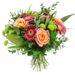 Against a bright white background, this hand-tied bouquet appears vivid and full of life, as if just finished for delivery from Flower Delivery Queensbury. At its core, soft peach and apricot roses open in luxuriant spirals, their petals smooth and gently curled, with delicate shifts of tone from creamy outer edges to richer, more saturated centres. Interspersed among them are Gerbera daisies in deep magenta, fuchsia, and burgundy, their dozens of slender petals arranged in neat circular layers around lighter, textured centres that add sparkle and depth to the design. Slightly above the main cluster, a dramatic King Protea draws the eye, its robust, artichoke-like structure built from firm bracts in shades of maroon, mauve-pink, and soft reddish-brown, giving the bouquet a strong, sculptural heart. Bright lime-green Santini chrysanthemums are scattered throughout, their compact, spherical flower heads looking like cheerful buttons, bringing a fresh, zesty contrast that enlivens the whole composition. Encircling the blooms is a generous collar of foliage: broad, glossy dark leaves provide a rich backdrop; long, sword-shaped blades lend height and a sense of movement; and trailing eucalyptus sprigs, with their rounded, silvery-green leaves, introduce a gentle, airy softness. The stems are carefully aligned and tied at the base, clearly visible, reflecting skilled hand-tied craftsmanship familiar to customers along Honeypot Lane and around Queensbury underground. The bouquet radiates warmth and contemporary elegance, ideal for marking special moments, offering congratulations, or sending an uplifting, heartfelt message to friends and family across Queensbury, Kingsbury, and the surrounding neighbourhoods.
