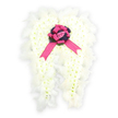An angelic pair of floral wings is displayed against a pure white background, creating the impression of a quiet, sacred moment frozen in time. The wings are shaped in gentle upward curves, each one rendered from a densely packed mass of tiny, snow-white flowers-most likely chrysanthemums or spray carnations-so closely nestled together that they form a single, velvety expanse. Their surface appears soft and plush, inviting thoughts of comfort and rest, much like the calm felt wandering through the quieter streets of Queensbury at dusk. Along the outer edges, fine white feathers are meticulously arranged, blending into the flowers yet extending just beyond them, giving the wings a delicate, downy halo that enhances their airy, celestial character. Where the two wings meet, a rounded cluster of deep violet and dark purple blooms or foliage forms a striking central medallion, drawing the eye inward and bringing a sense of depth and solemnity. Positioned atop this dark circle is a bold fuchsia pink satin bow, its loops full and sculpted, with graceful ribbon tails cascading downward like a gentle ribbon of colour. Tucked at the heart of the bow lies a single, pale pink rosebud, its tightly cupped petals conveying tenderness, innocence, and a quietly enduring love. The interplay of pure white, rich purples, and soft pinks creates a moving visual symbol of purity, remembrance, and peace. Perfect as a funeral or memorial tribute in Queensbury, this angel wings arrangement offers a beautiful, comforting expression of sympathy and eternal care.