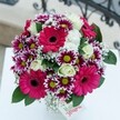 With a composition as lively and warm as the heart of Queensbury itself, this striking bouquet speaks of celebration and connection. The star attractions-vivid hot pink Gerberas-seem to smile outward, set amidst a sea of two-toned chrysanthemums whose magenta and white petals encircle punchy green eyes. Interwoven, the soft, creamy roses unfurl with assured elegance, providing gentle transitions between the vibrancy of the other blooms. Fleeting sprays of baby's breath bring a sense of lightness, like delicate lace caught in the air, harmonising the bright palette with their pristine softness. The contrast of lush, dark green foliage completes the display, rooting the arrangement in tactile freshness. Resting on a spotless white surface that catches the brightness of a Queensbury morning, the bouquet gains added depth from a blurred background hinting at ornate terrace railings common in the area. A small greeting card written in green offers a suggestion of good wishes-making this display a heartfelt choice for birthdays, anniversaries, or to add a pop of joy to any Queensbury home. Each element feels thoughtfully placed, echoing the care of local florists and the vibrant community they serve.