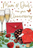 Warm, celebratory anniversary card design with roses, chocolates, and champagne, echoing intimate family moments in Queensbury